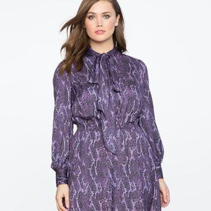 ELOQUOII Purple Metallic Printed Tie Neck Fit and Flare Dress, Plus size 22